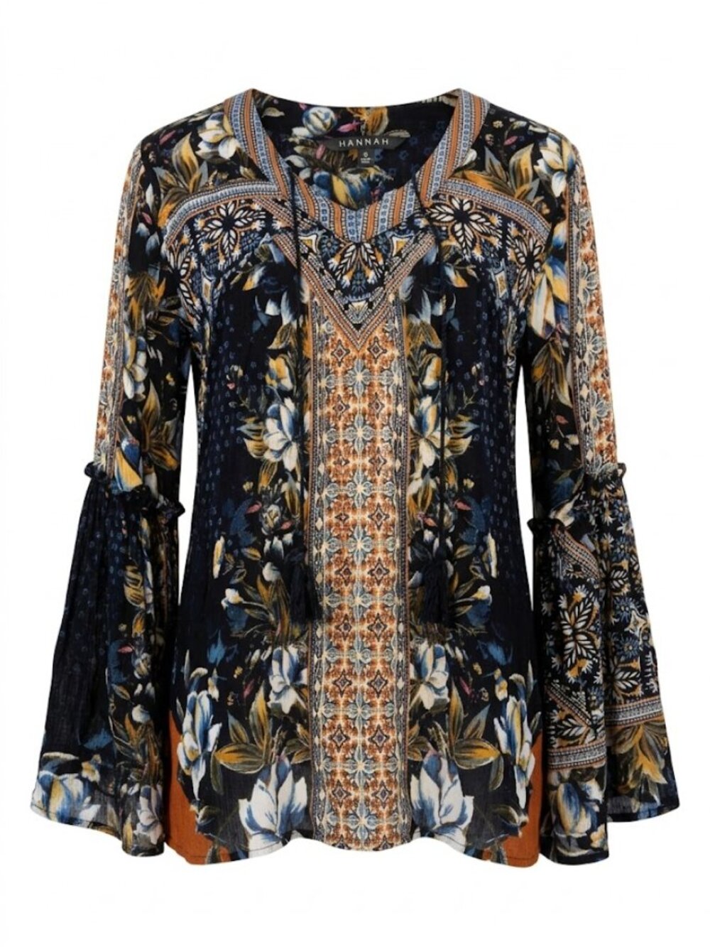 Boho Floral Bell Sleeve Tunic Top S Tassel V-Neck Whimsigoth Festival Hippie
